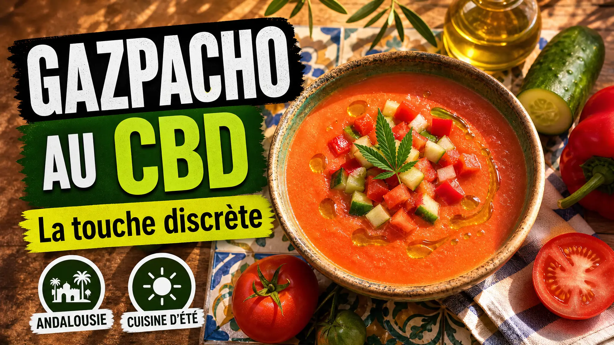 Un bol de gaspacho froid posé sur une table andalouse, entouré de légumes frais, de vaisselle rustique et d’un discret brin de chanvre.