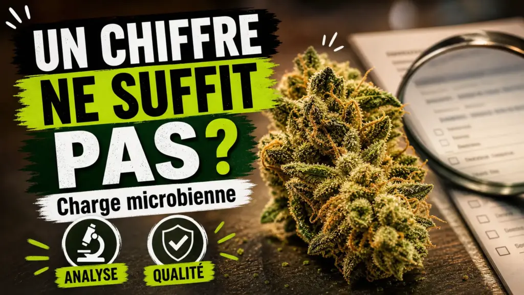 Une fleur de chanvre détaillée est présentée près d’un document d’analyse dans une mise en scène scientifique sobre.