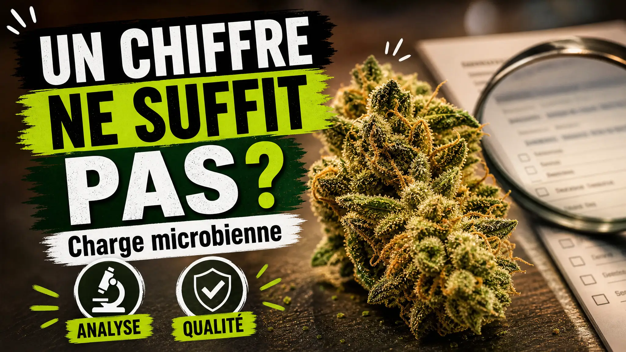 Une fleur de chanvre détaillée est présentée près d’un document d’analyse dans une mise en scène scientifique sobre.