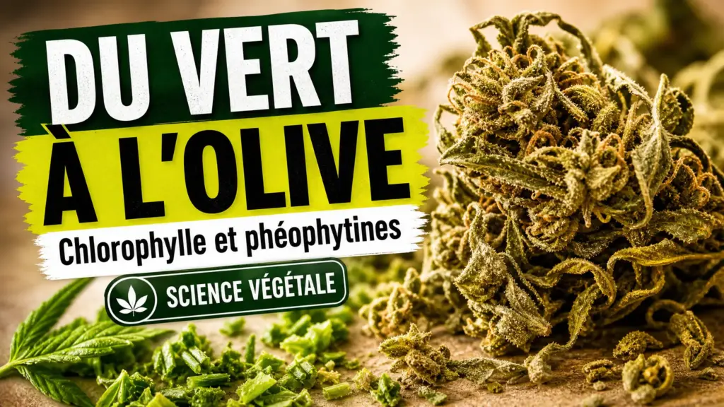 Gros plan sur une fleur de chanvre séchée aux teintes vert olive, accompagnée d’un fragment de feuille encore vert vif.