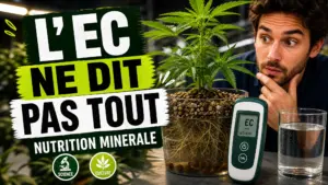 Une plante de chanvre saine se trouve à côté d’un conductimètre posé sur un établi, avec ses racines visibles dans un contenant transparent.