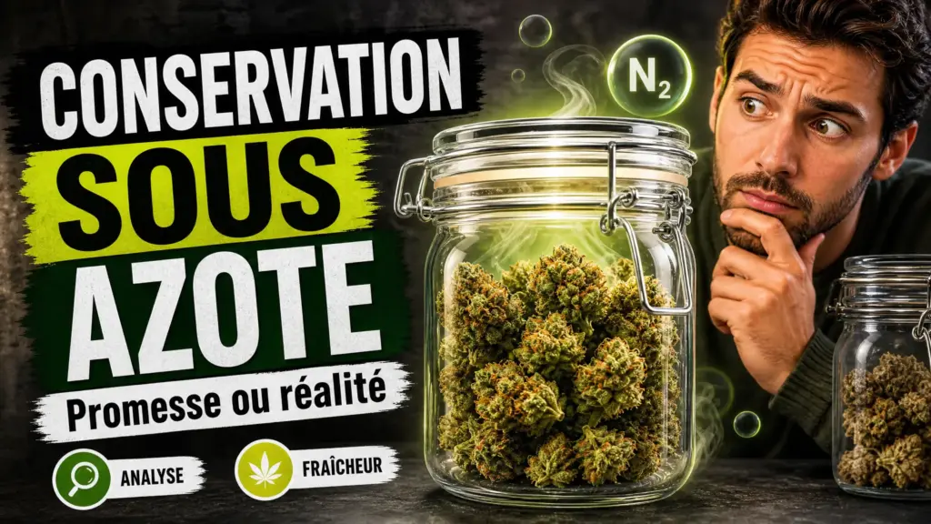Deux bocaux en verre présentent des fleurs de chanvre, l’un montrant une matière vive et préservée face à un aspect plus terne.