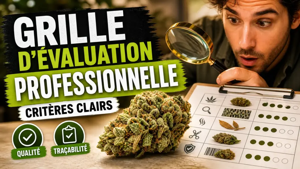 Une fleur de chanvre détaillée repose sur une table d’évaluation avec une grille professionnelle et une loupe en arrière-plan.