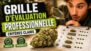 Une fleur de chanvre détaillée repose sur une table d’évaluation avec une grille professionnelle et une loupe en arrière-plan.