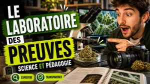 Un microscope, une fleur de chanvre et un appareil photo macro sont réunis sur le plan de travail d’un laboratoire éditorial contemporain.