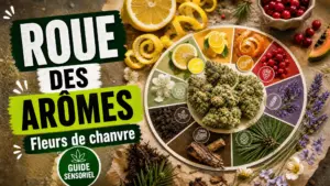 Une roue aromatique circulaire entoure des fleurs de chanvre avec des agrumes, des fruits rouges, de la lavande, des aiguilles de pin et de la terre sombre.