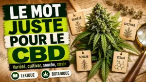 Une branche de chanvre détaillée est présentée sur une table d’étude avec quatre repères botaniques et des accessoires évoquant la classification végétale.