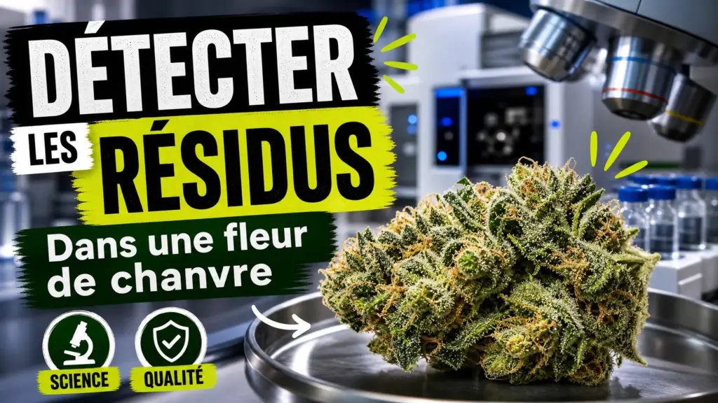Une fleur de chanvre riche en trichomes se détache au premier plan d’un laboratoire d’analyse moderne.