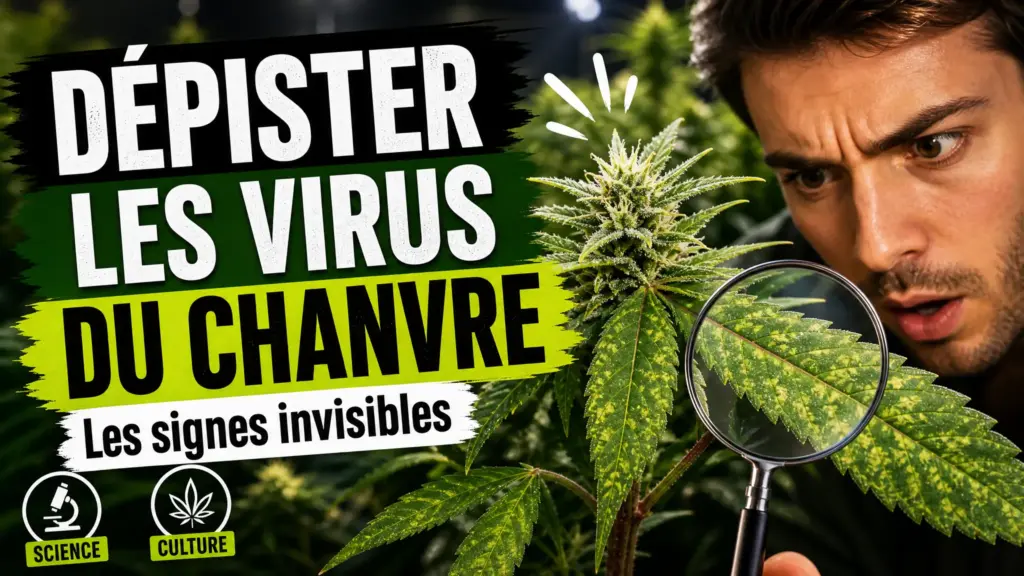 Gros plan sur des feuilles de chanvre dont l’une présente de légères marbrures et des trichomes moins abondants dans une culture intérieure.