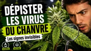 Gros plan sur des feuilles de chanvre dont l’une présente de légères marbrures et des trichomes moins abondants dans une culture intérieure.
