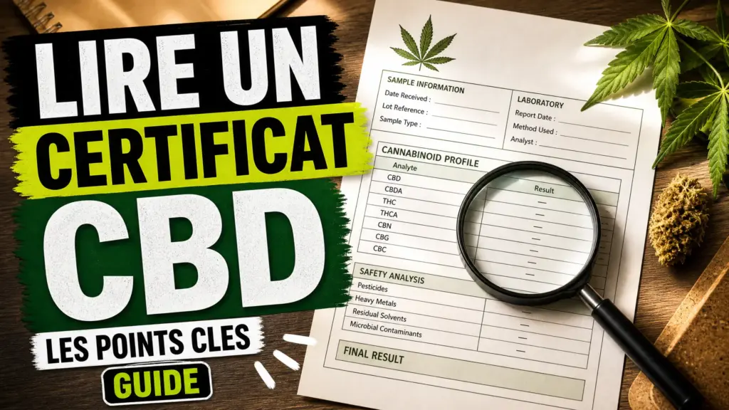Un certificat d’analyse imprimé est observé à la loupe sur un bureau, accompagné d’un petit échantillon botanique de chanvre.