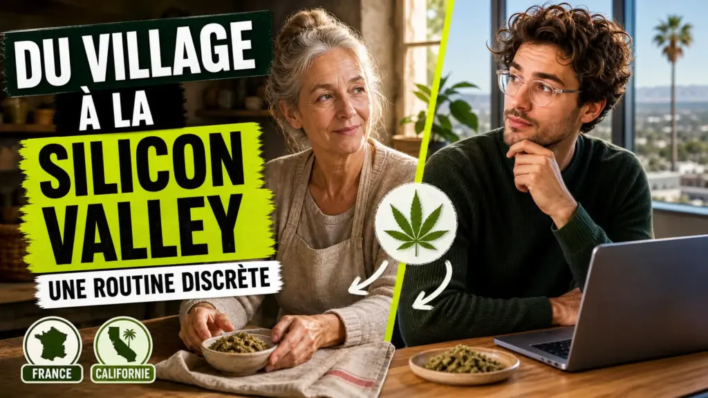 Un senior assis dans une cuisine française et un jeune professionnel devant son ordinateur sont réunis dans une image en diptyque autour d’un petit plat de f…