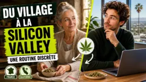 Un senior assis dans une cuisine française et un jeune professionnel devant son ordinateur sont réunis dans une image en diptyque autour d’un petit plat de f…