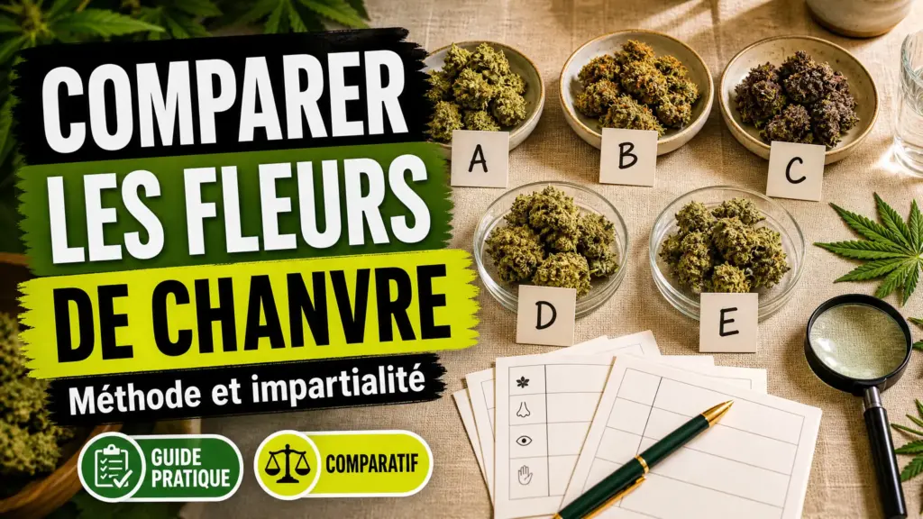 Plusieurs fleurs de chanvre aux textures variées sont présentées anonymement dans des coupelles sur une table d’évaluation.