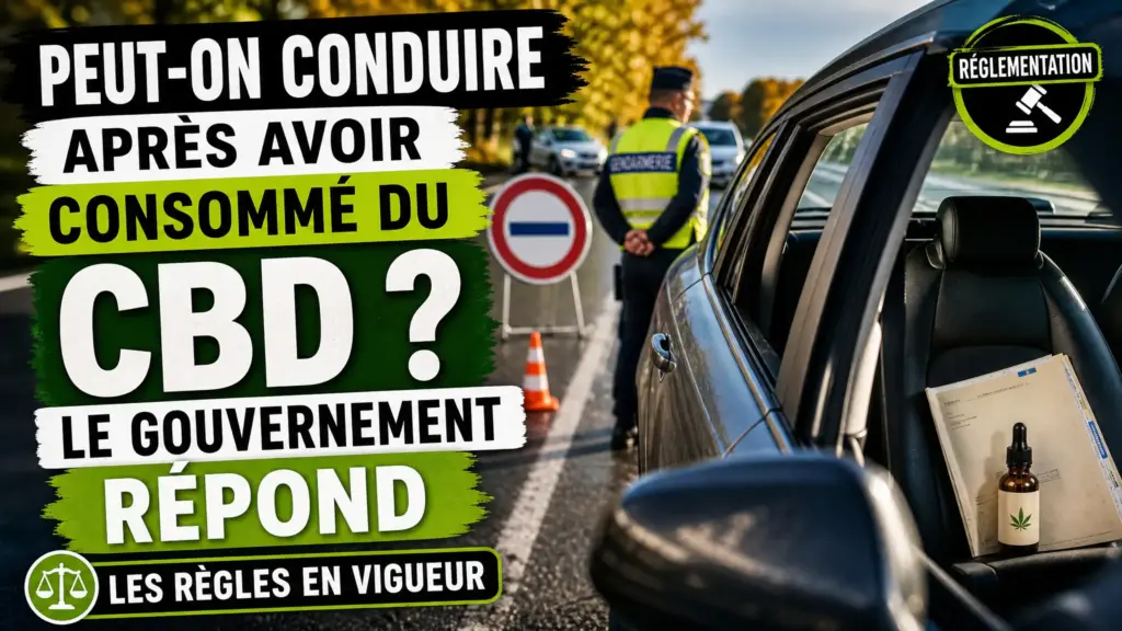 Une voiture arrêtée près d’un contrôle routier français, avec un document officiel et un produit à base de chanvre visibles sur le siège passager.