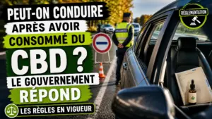 Une voiture arrêtée près d’un contrôle routier français, avec un document officiel et un produit à base de chanvre visibles sur le siège passager.