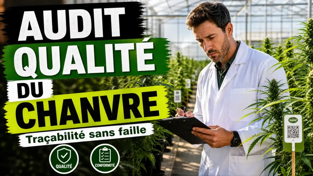 Un auditeur examine une serre de chanvre propre, avec des rangées de plantes et des repères de traçabilité visibles.