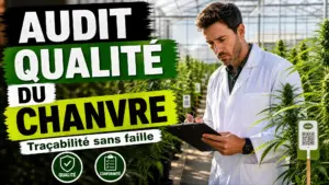 Un auditeur examine une serre de chanvre propre, avec des rangées de plantes et des repères de traçabilité visibles.