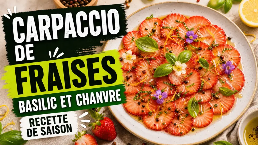 Carpaccio de fraises finement tranchées garni de basilic, de zestes d’agrumes, de poivre de Timut et de fleurs comestibles.