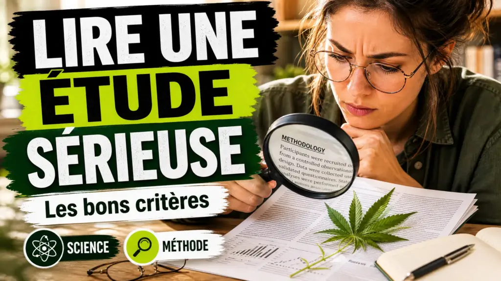 Une loupe posée sur une publication scientifique ouverte accompagne une petite branche de chanvre sur un bureau d’étude.