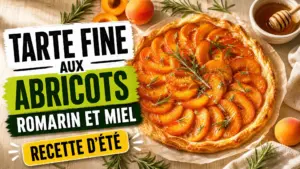 Une tarte fine aux abricots garnie de romarin et d’un léger nappage au miel est présentée sur une table estivale.