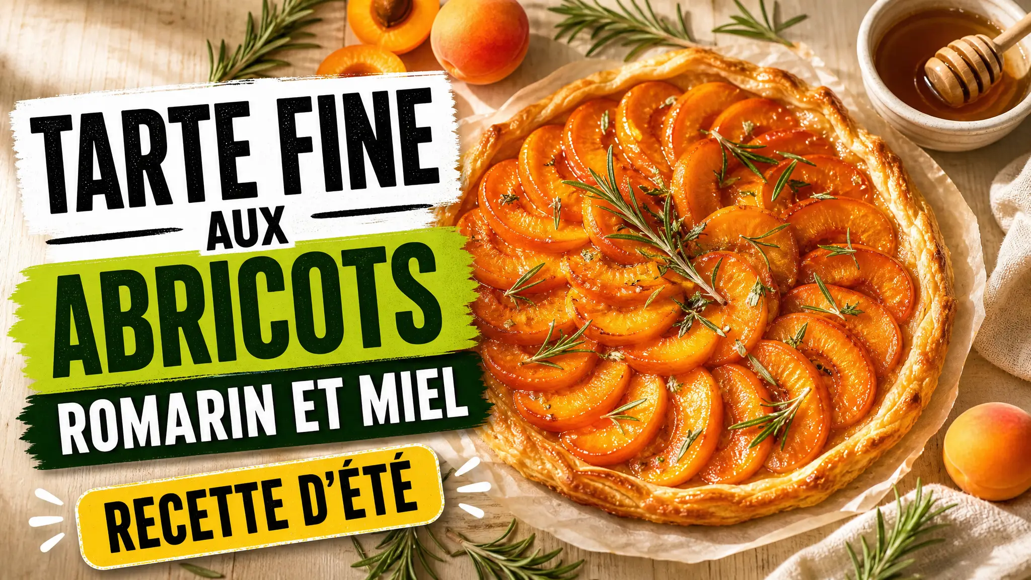 Une tarte fine aux abricots garnie de romarin et d’un léger nappage au miel est présentée sur une table estivale.