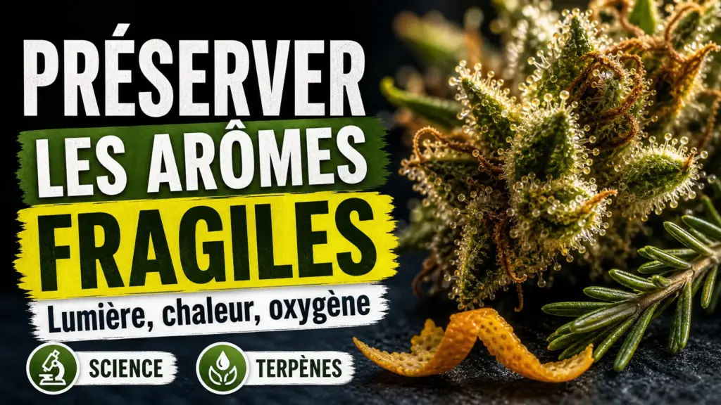 Gros plan éditorial d’une fleur de chanvre aux glandes résineuses brillantes, entourée de romarin et d’écorce d’agrumes dans une lumière froide.