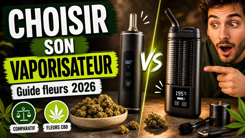 Deux vaporisateurs de fleurs sont présentés côte à côte avec une coupelle de fleurs de chanvre et quelques accessoires sur une table élégante.
