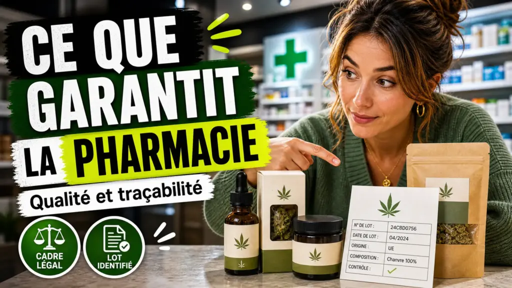Des produits de bien-être au chanvre sont présentés sur un comptoir de pharmacie à côté d’informations de traçabilité.