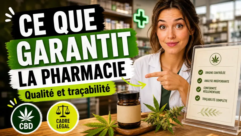 Une branche de chanvre et un document de traçabilité sont présentés sur le comptoir d’une pharmacie française.