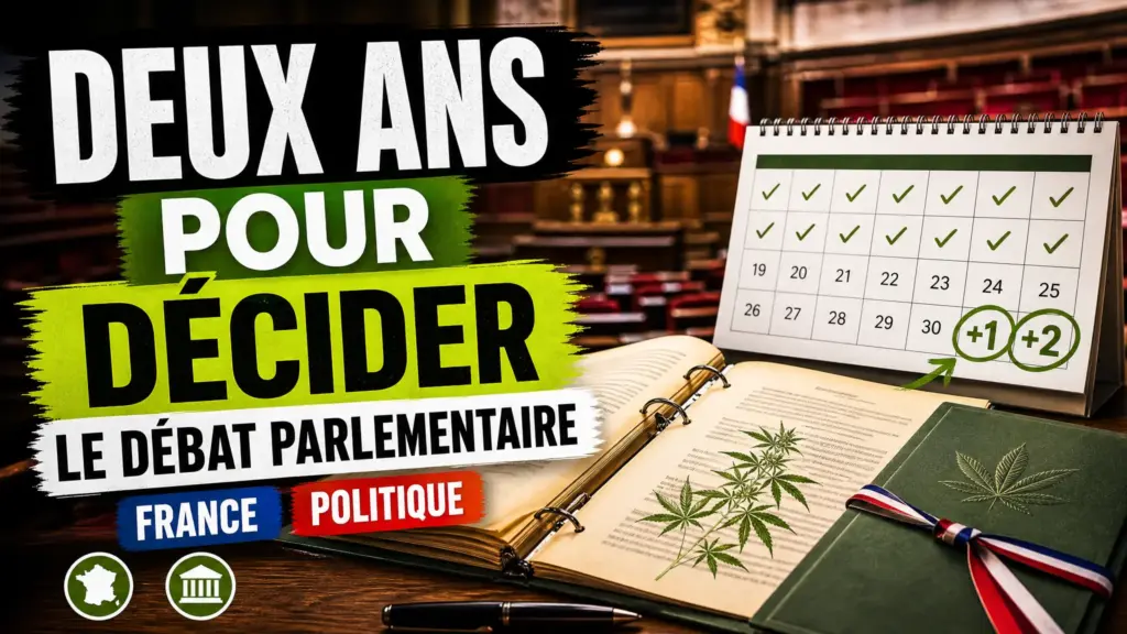 Un dossier parlementaire ouvert repose près d’un calendrier marquant deux années supplémentaires dans une salle d’assemblée française.