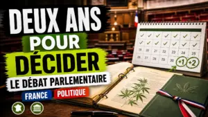 Un dossier parlementaire ouvert repose près d’un calendrier marquant deux années supplémentaires dans une salle d’assemblée française.