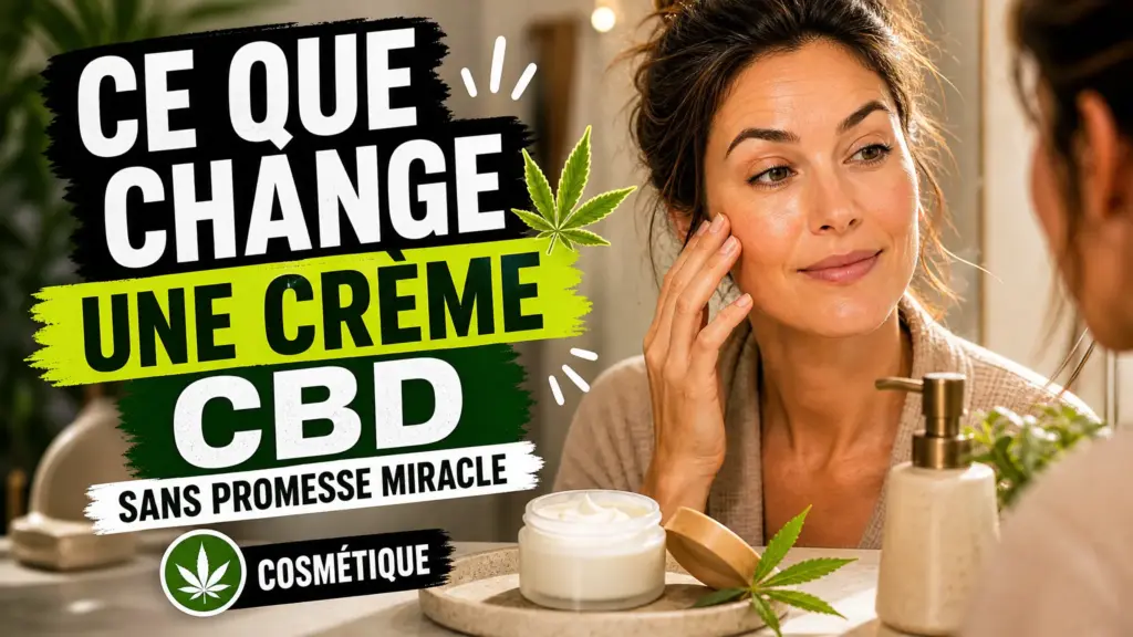 Une femme observe sa peau naturelle devant un miroir, avec un pot de crème au chanvre posé près du lavabo.
