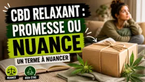 Un paquet neutre associé au chanvre repose sur du linge près d’une fenêtre, dans une ambiance domestique calme et réfléchie.