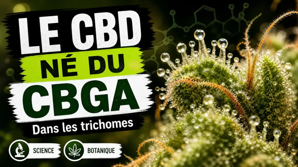 Gros plan sur une fleur de chanvre fraîche dont les trichomes translucides brillent à la surface.