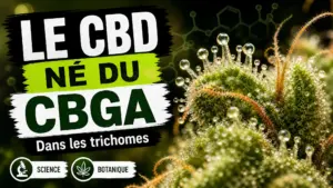 Gros plan sur une fleur de chanvre fraîche dont les trichomes translucides brillent à la surface.