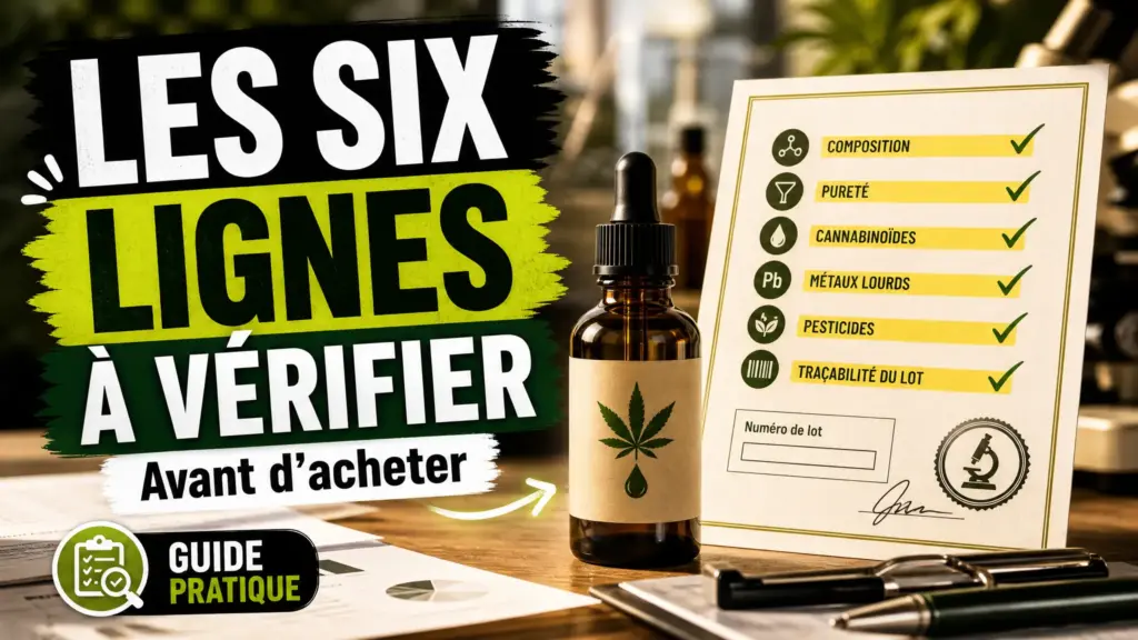 Une bouteille ambrée d’huile de chanvre est posée à côté d’un certificat d’analyse dont six lignes sont mises en évidence.