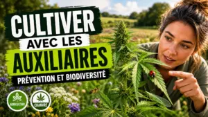 Un plant de chanvre sain porte une coccinelle parmi des fleurs et une végétation diversifiée dans un champ agricole.