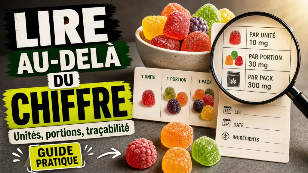 Des gummies fruités sont disposés près d’une fiche indiquant les informations par unité, par portion et par sachet, observée à la loupe.