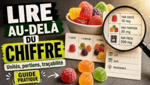 Des gummies fruités sont disposés près d’une fiche indiquant les informations par unité, par portion et par sachet, observée à la loupe.