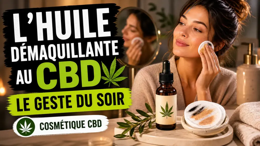 Une huile démaquillante au CBD est présentée sur une coiffeuse près de cotons portant des traces de maquillage.