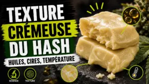 Gros plan sur une résine de Piatella CBD blonde et crémeuse, posée sur une pierre sombre.