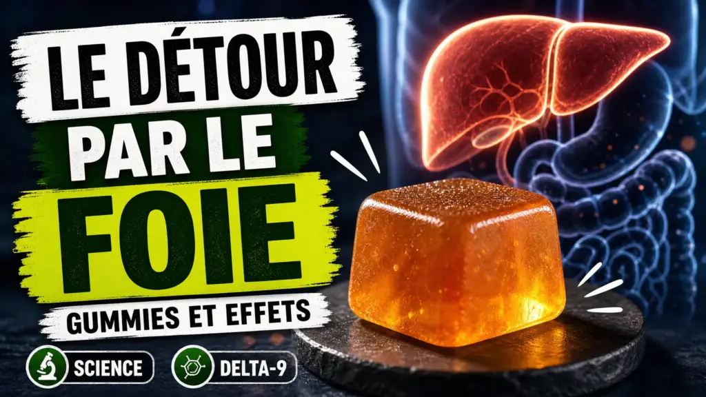 Un gummy translucide au premier plan se détache devant une représentation anatomique discrète du foie.