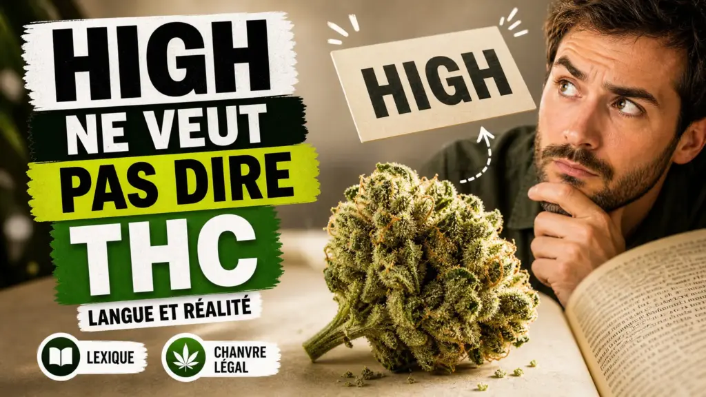 Une fleur de chanvre détaillée repose sous le mot « HIGH » présenté sur un élément typographique surélevé.