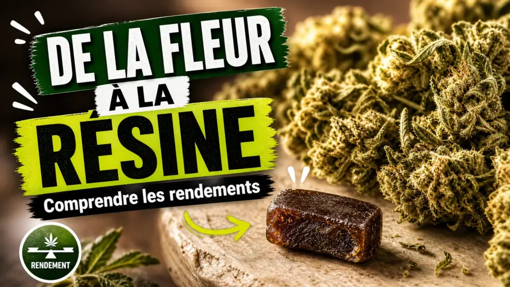 Un morceau de résine de chanvre sombre repose au premier plan parmi une abondante sélection de fleurs séchées.
