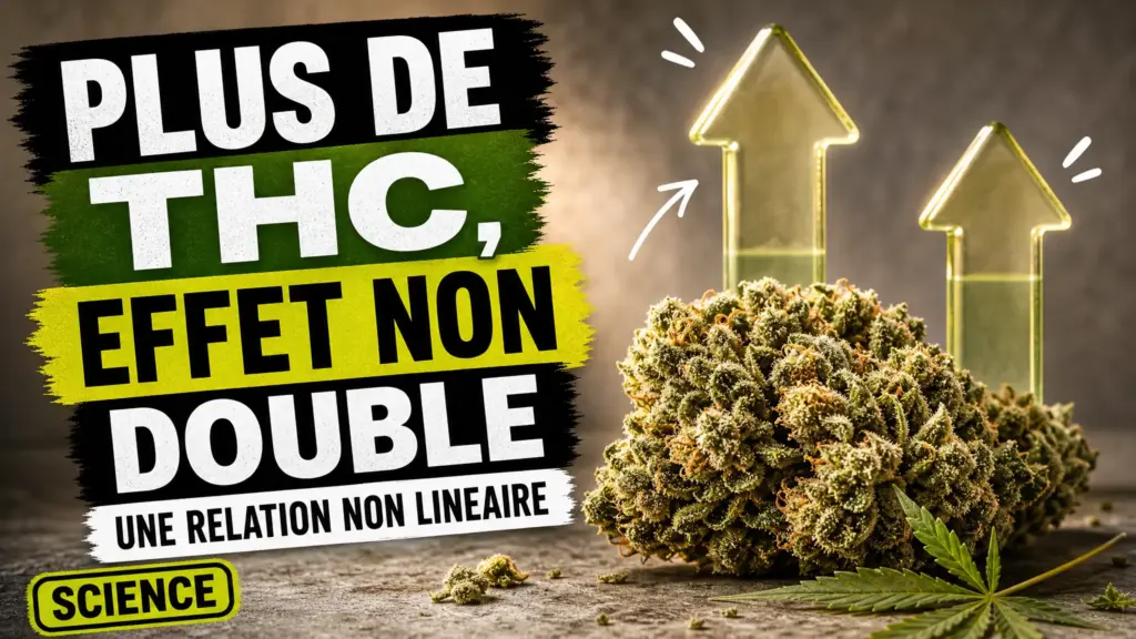 Une fleur de chanvre détaillée repose dans un décor éditorial sobre à côté de deux formes translucides évoquant une variation d’intensité non proportionnelle.