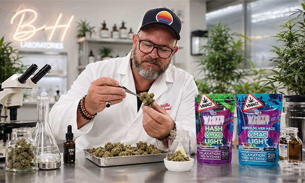 Julien, fondateur de CBD.fr, avec une fleur VMAC White Rabbit